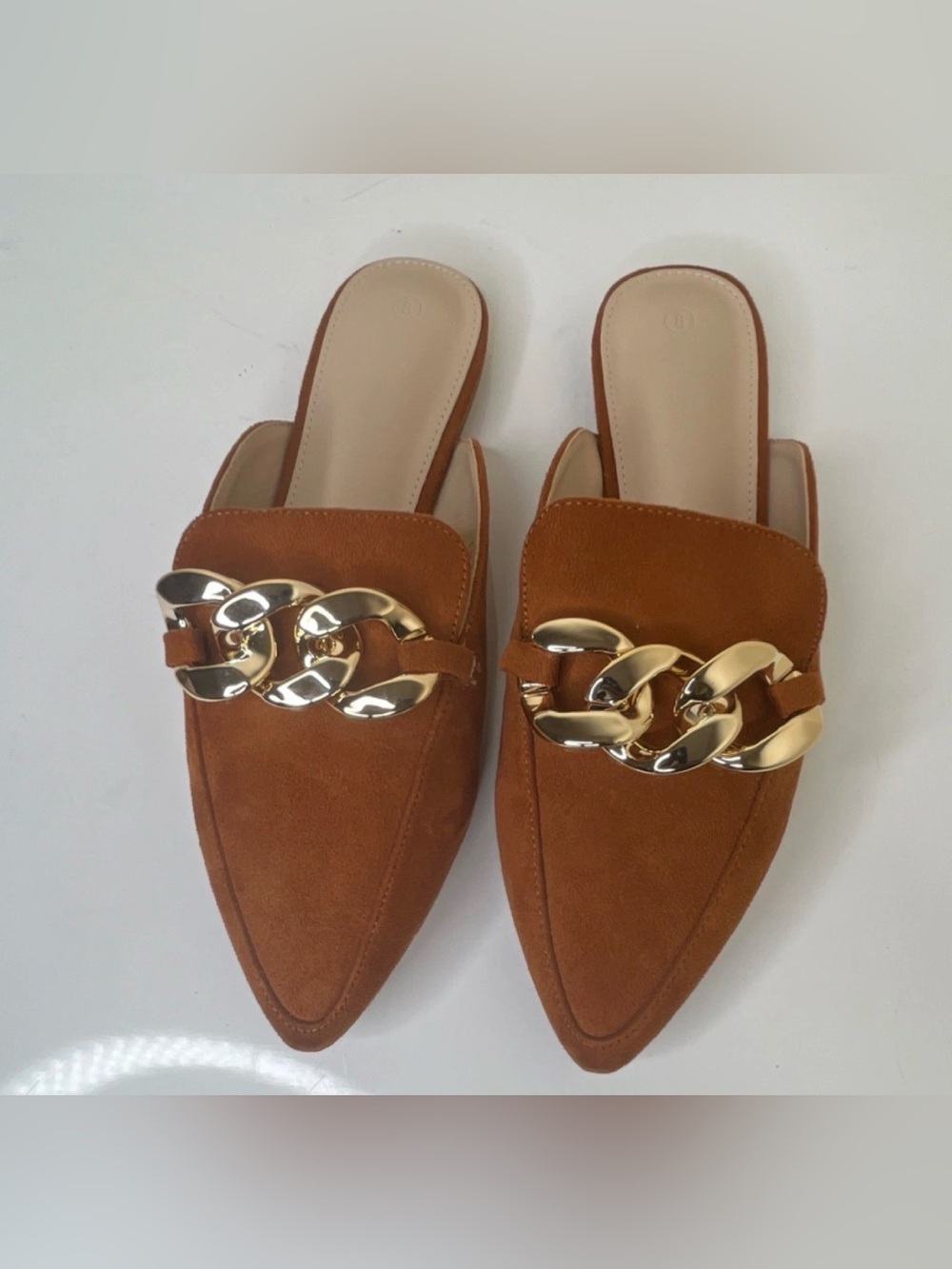 Pointed Toe Tan Suede Chain Slip-On Mules Flats NWOT